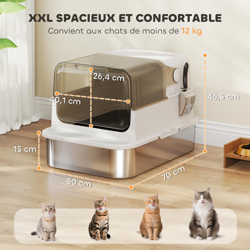 Bac à litière XXL en inox blanc, vue de dessus avec couvercle relevé et grille