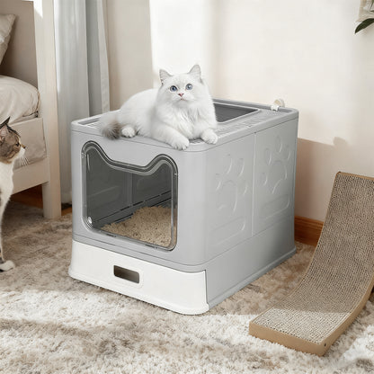 Bac à litière pour chat gris clair extra-large avec fenêtre et tiroir