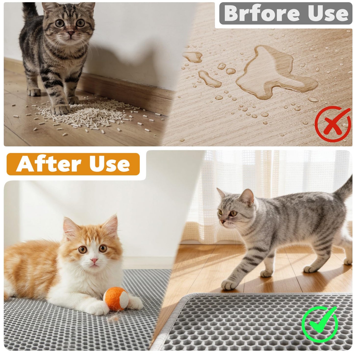 Tapis de litière pour chat gris à relief alvéolé, double couche amovible, antidérapant