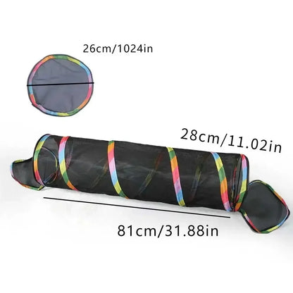 Tunnel pour chat pliable noir long, rayures colorées, deux extrémités avec entrée ronde