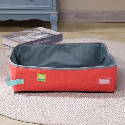 Bac à litière pliable pour chat en tissu Oxford rouge, intérieur gris foncé.