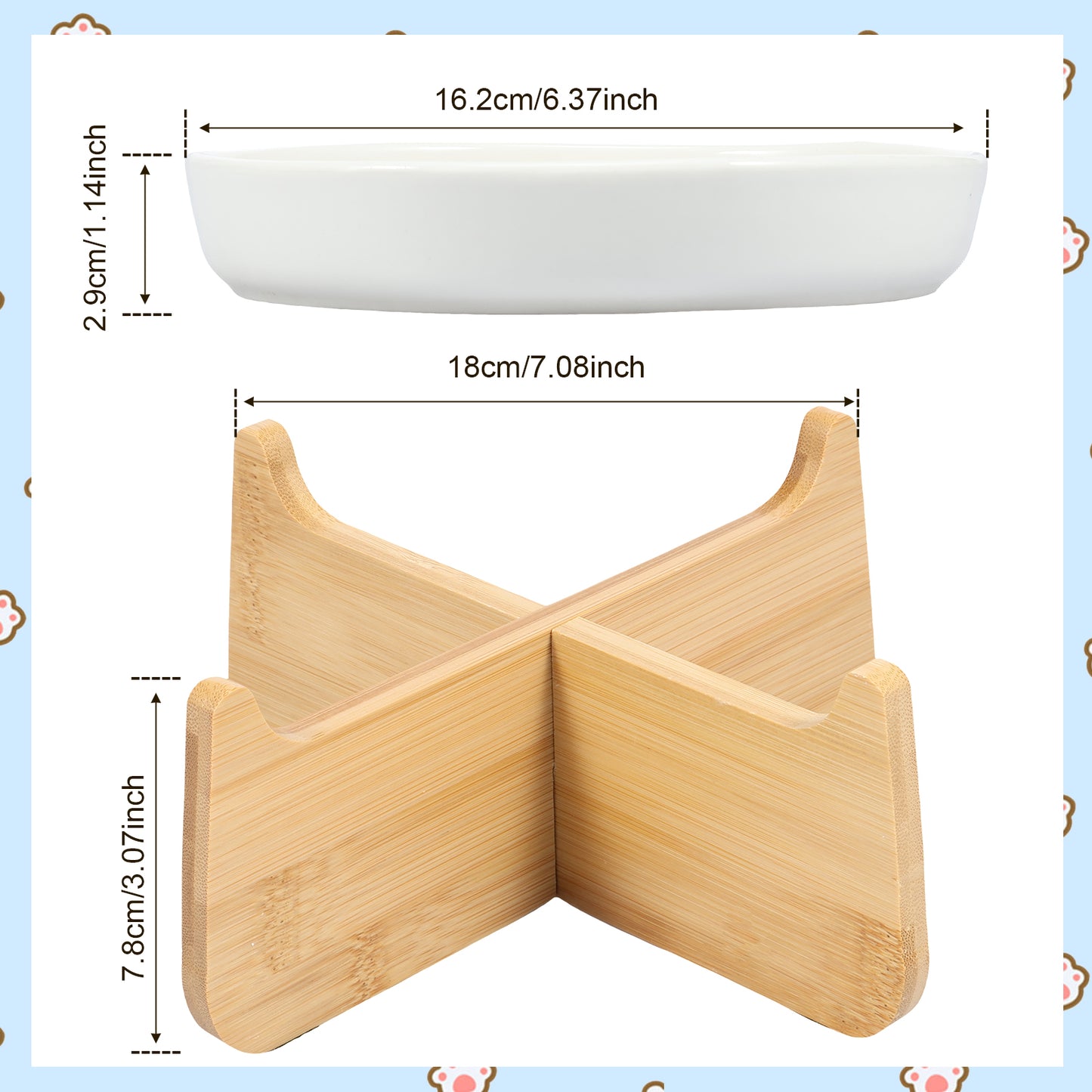 Support de gamelle pour chat en bois clair avec bol en céramique blanche