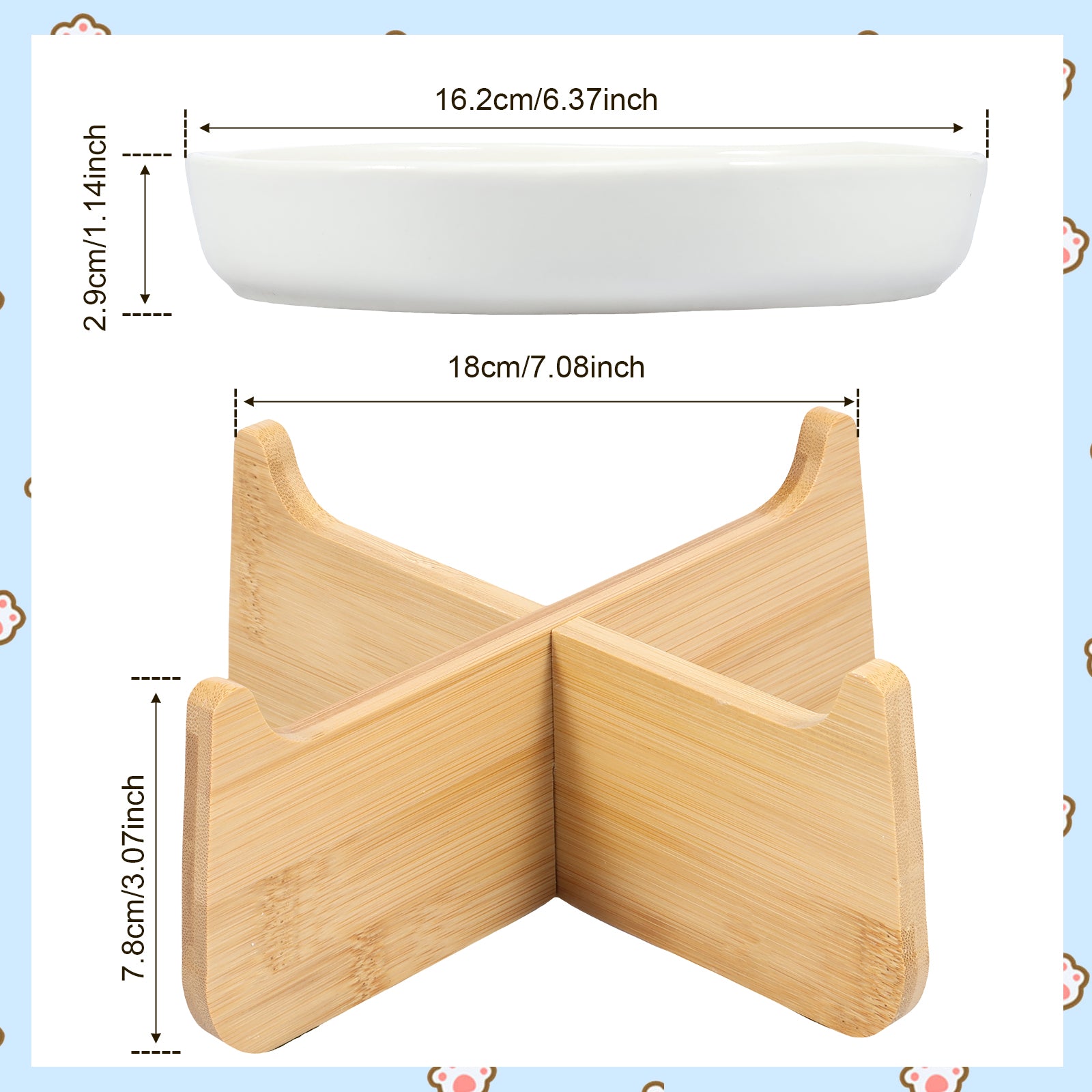 Support de gamelle pour chat en bois clair avec bol en céramique blanche