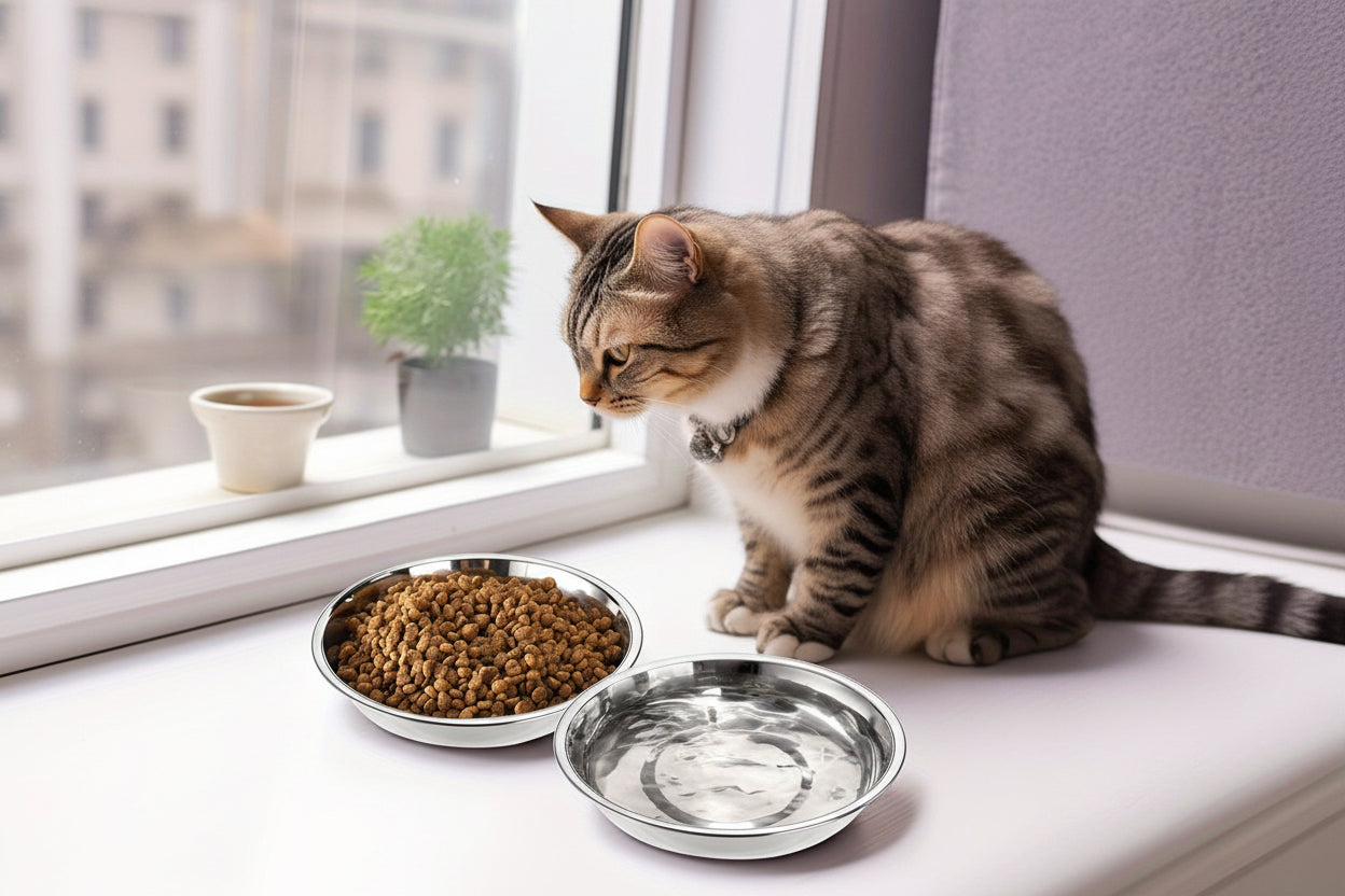 Gamelle inox pour chaton : bols ronds, bord bas anti-vibrations, finition brillante.
