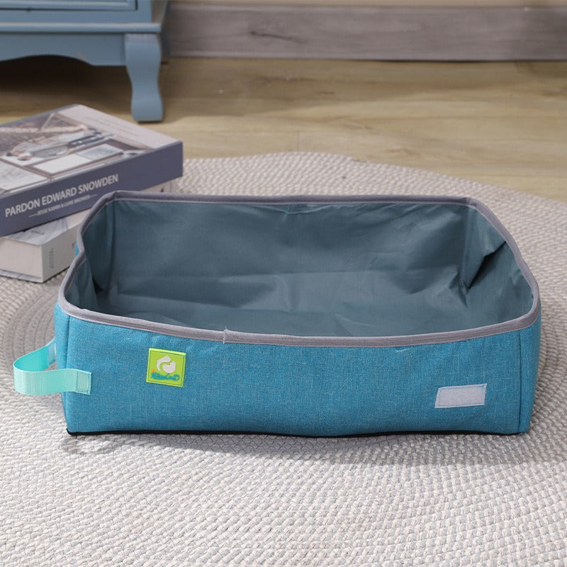 Bac à litière pliable pour chat en tissu Oxford bleu, doublure intérieure grise.