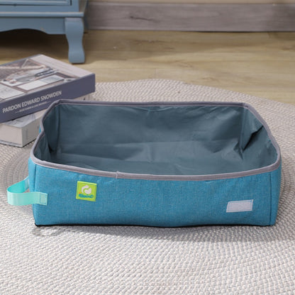 Bac à litière pliable pour chat en tissu Oxford bleu, doublure intérieure grise.