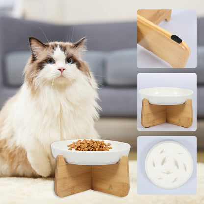 Gamelle surélevée pour chat : bol blanc en céramique sur support en bois en X
