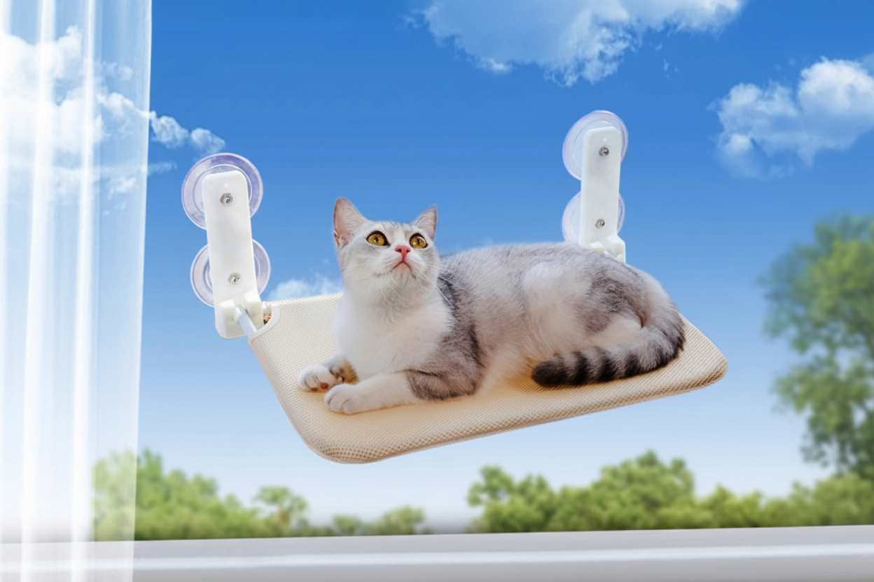 Hamac pour chat fenêtre beige en maille, chat posé sur la plateforme