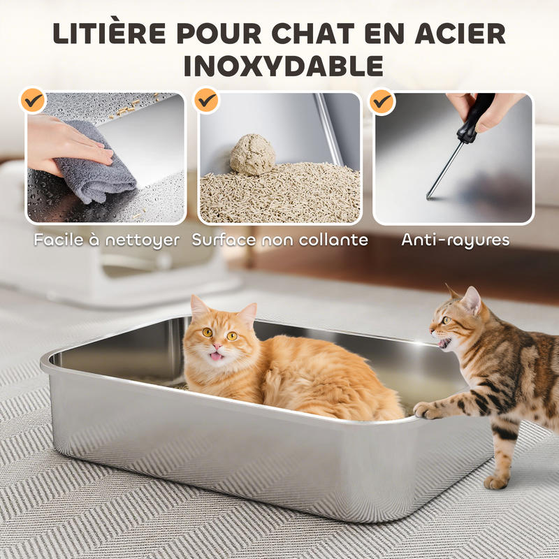 Bac à litière en acier inoxydable, cuvette facile à nettoyer, bords anti-éclaboussures