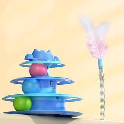 Tour à 4 niveaux avec plumes roses et billes violettes, vertes et bleues