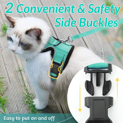 Harnais pour chat en gilet turquoise, sangles réglables et boucles latérales
