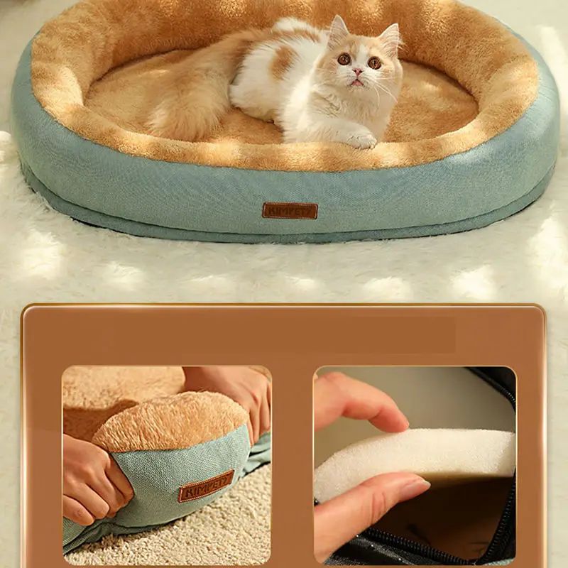 Panier pour chat vert menthe : gros plan coussin et étiquette marque
