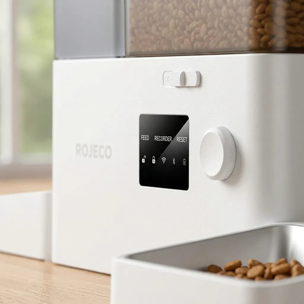 Mangeoire automatique 2-en-1 pour animaux, boîtier blanc avec écran de commande noir