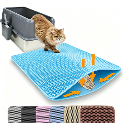 Tapis de litière pour chat bleu à texture alvéolée, double couche amovible, antidérapant