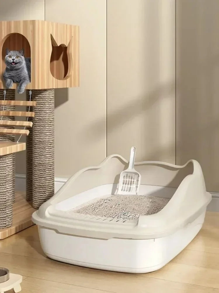 Bac à litière pour chat blanc avec pelle et grille perforée