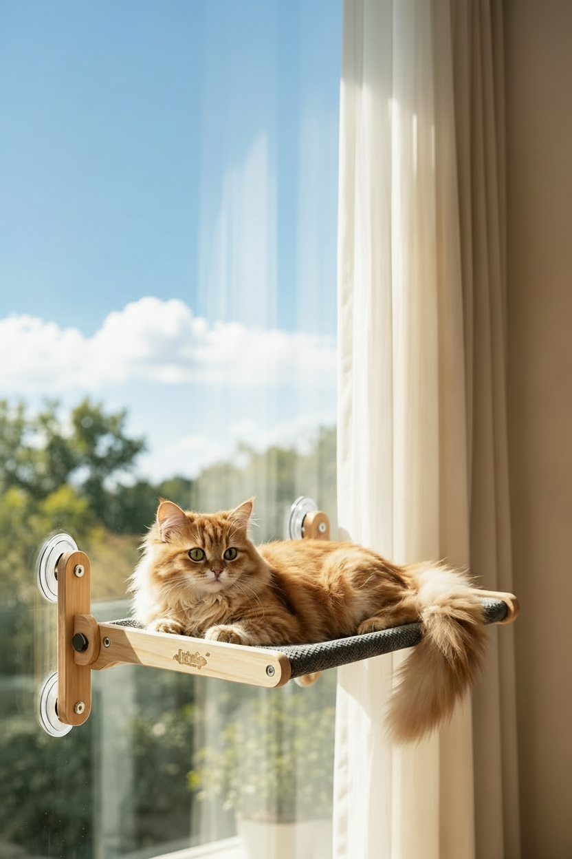 Hamac de fenêtre pour chat en bois d'hévéa vu de profil, fixé sur une fenêtre lumineuse

