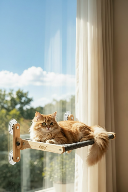 Hamac de fenêtre pour chat en bois d'hévéa vu de profil, fixé sur une fenêtre lumineuse
