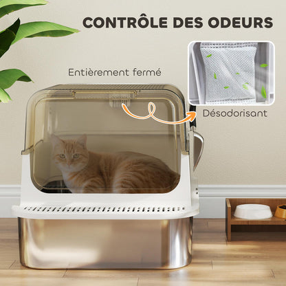 Bac à litière inox XXL avec couvercle fermé, panneau perforé supérieur visible