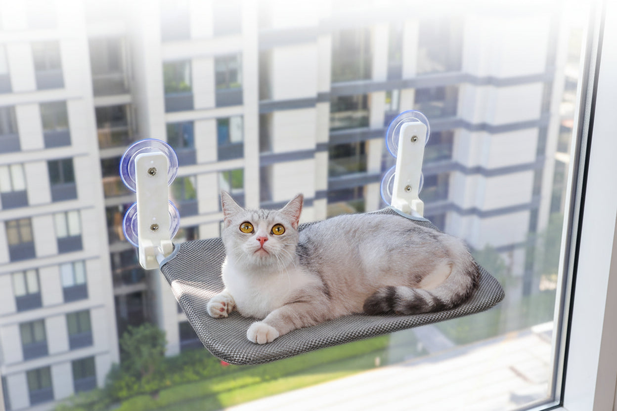 Hamac pour chat fenêtre gris en maille, chat sur la plateforme