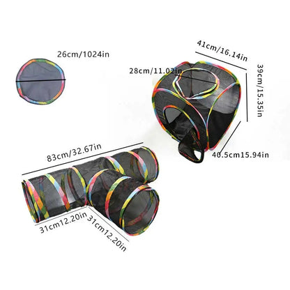 Tunnel pour chat pliable en noir, rayures multicolores, forme triangulaire et deux sorties