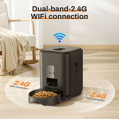 Distributeur de croquettes pour chat Wi‑Fi, bac ouvert, panneau de commande latéral