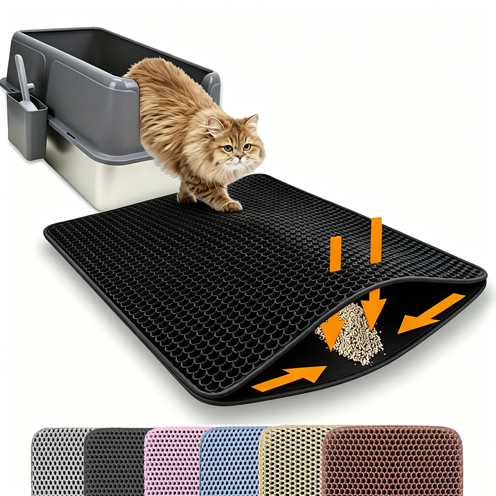 Tapis de litière pour chat noir à relief alvéolé, double couche amovible, antidérapant