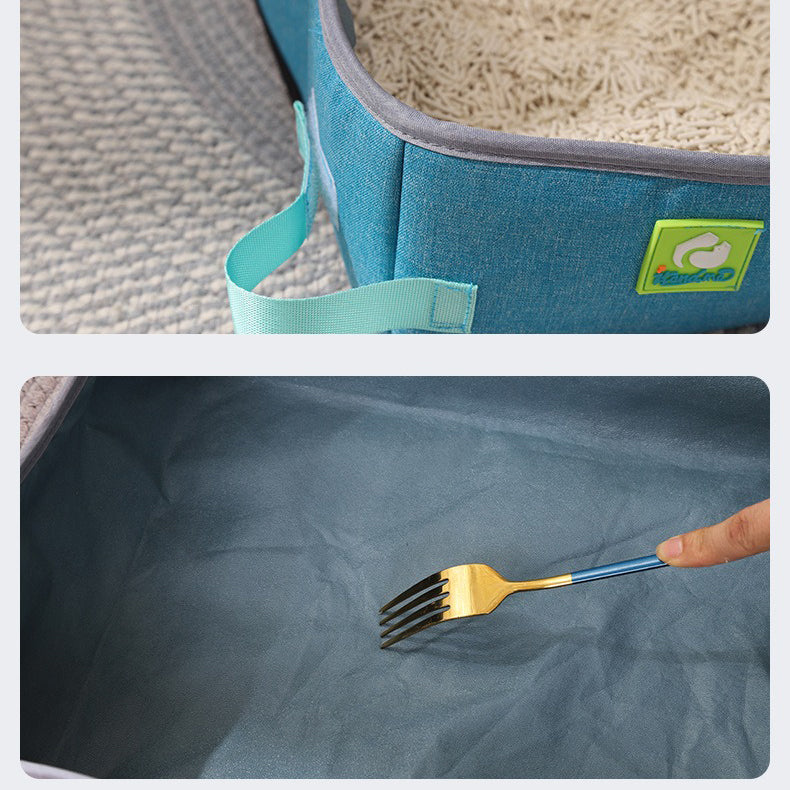 Bac à litière pliable bleu, sangle de transport et doublure intérieure grise.