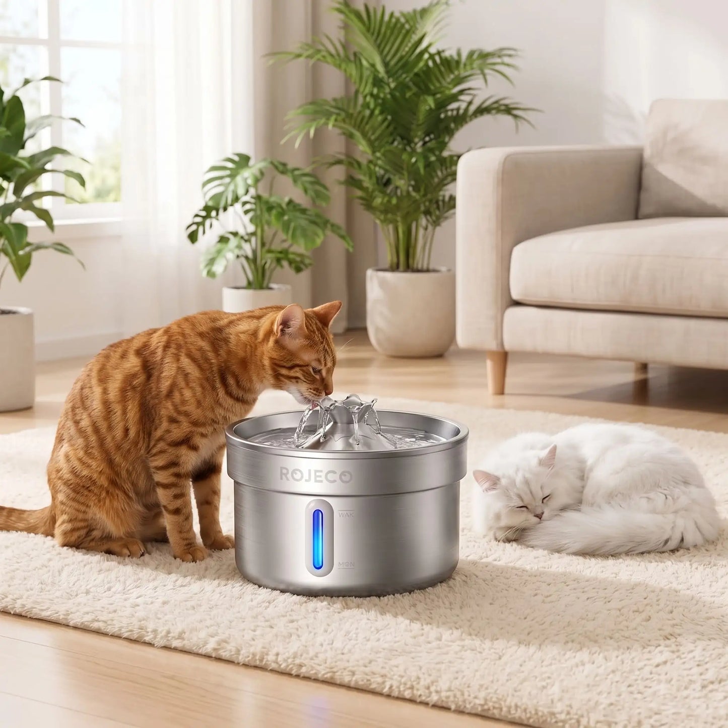 Chat serein près de sa fontaine à eau inox — bien-être et hydratation