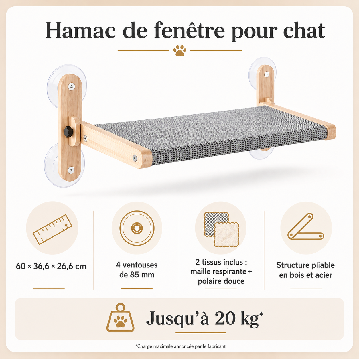 Hamac de fenêtre pour chat – dimensions, ventouses 85 mm et charge maximale 20 kg
