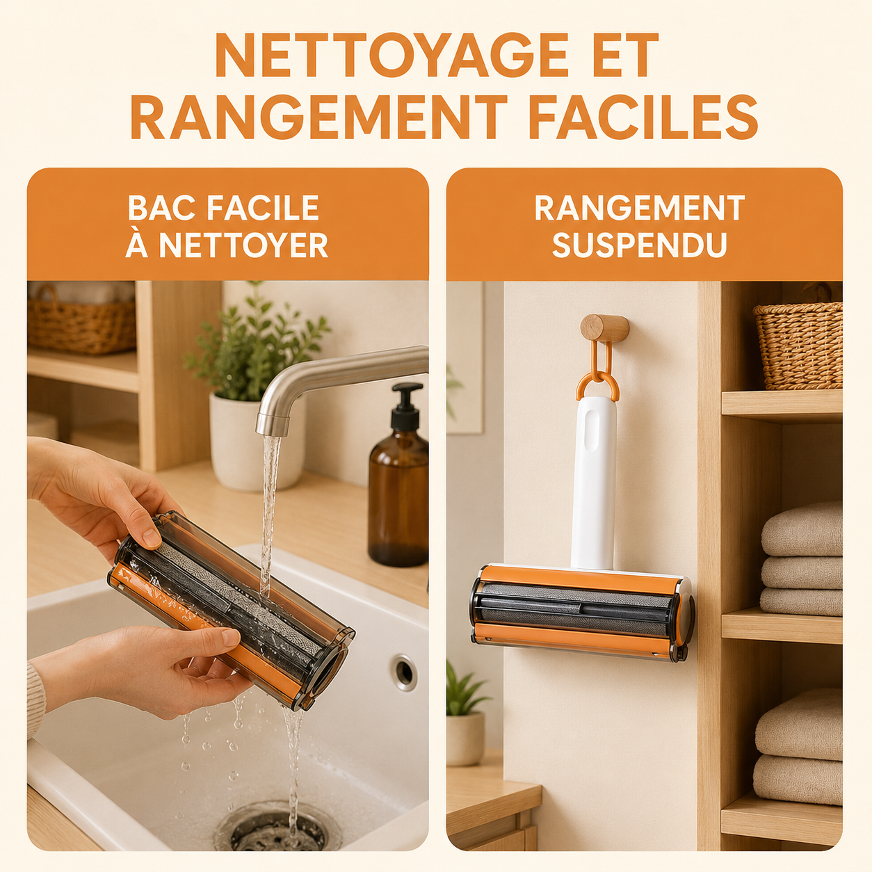 Rouleau ramasse-poils réutilisable – bac facile à nettoyer sous l'eau et rangement suspendu par anneau