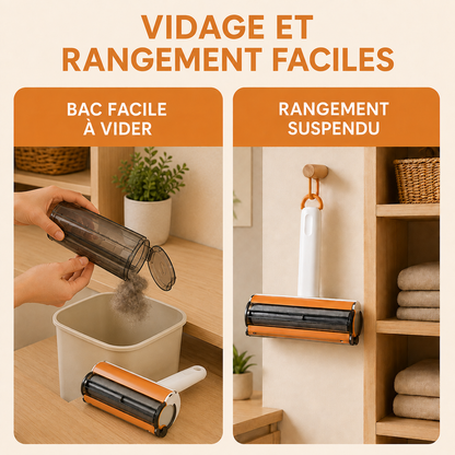 Rouleau ramasse-poils réutilisable – Bac collecteur intégré