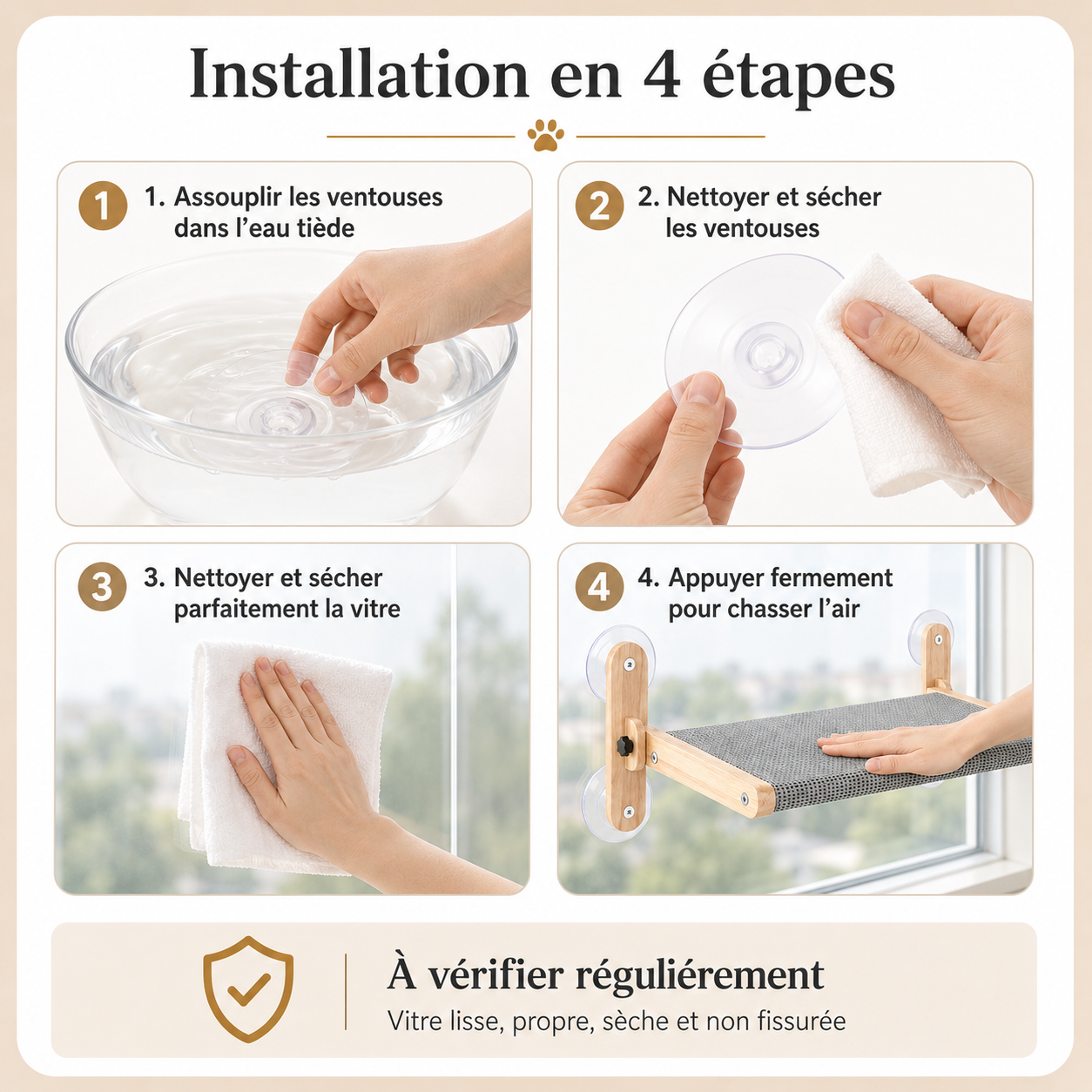Guide d'installation en 4 étapes du hamac de fenêtre pour chat avec ventouses
