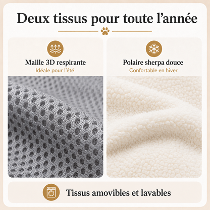 Deux tissus interchangeables pour hamac chat : maille 3D respirante et polaire sherpa lavables
