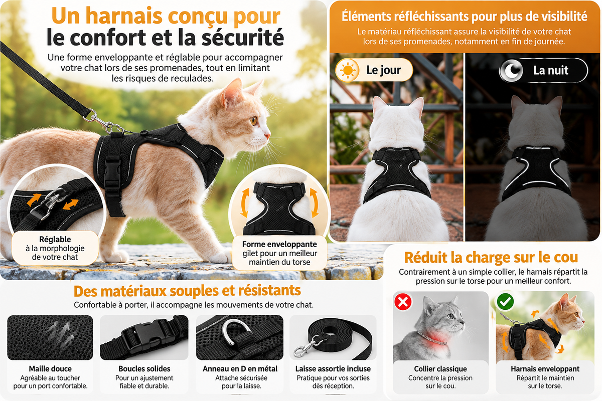 Infographie présentant plusieurs vues du harnais gilet pour chat