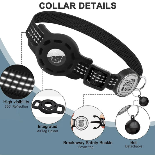 Collier anti-perte chat noir: support AirTag intégré, QR réfléchissant et clochette