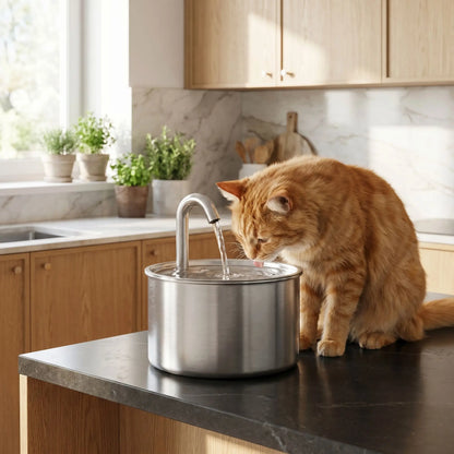 Fontaine à eau inox pour chat, chat roux buvant au bec du réservoir