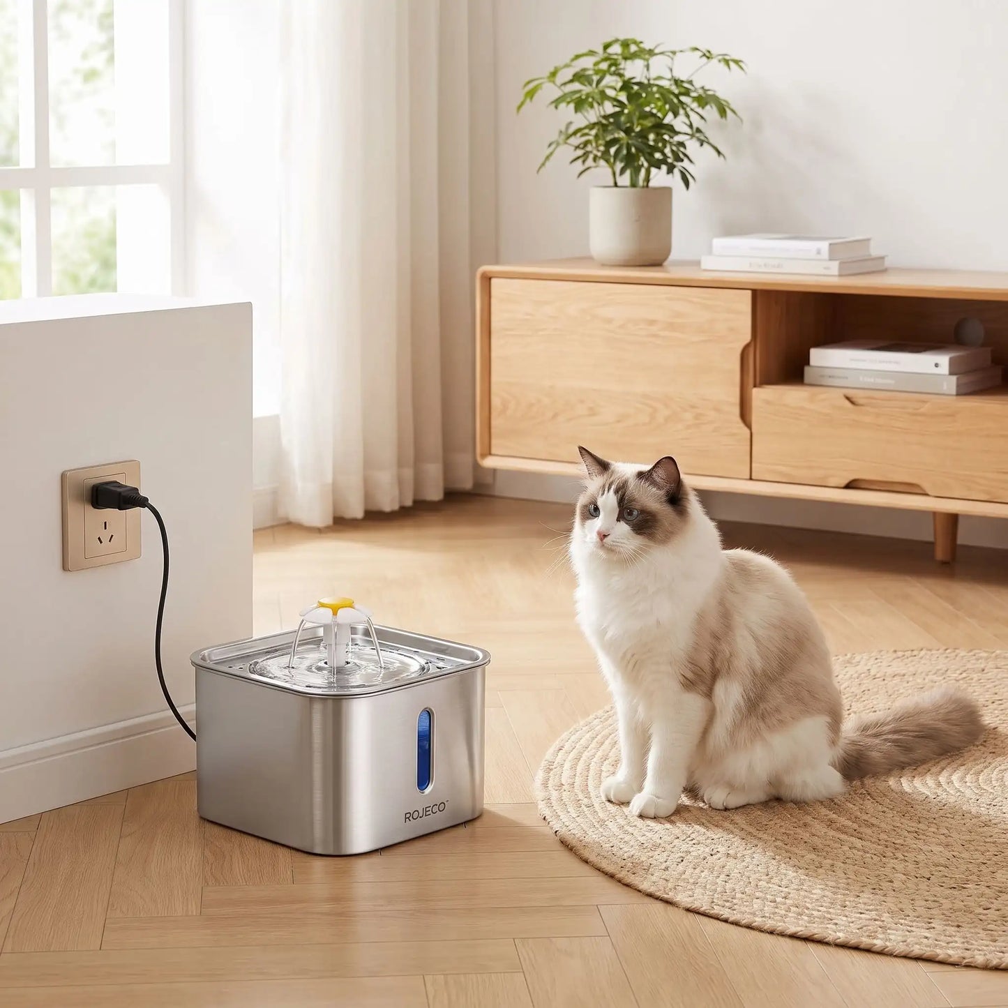 Fontaine à eau chat filaire USB branchée sur secteur — utilisation quotidienne