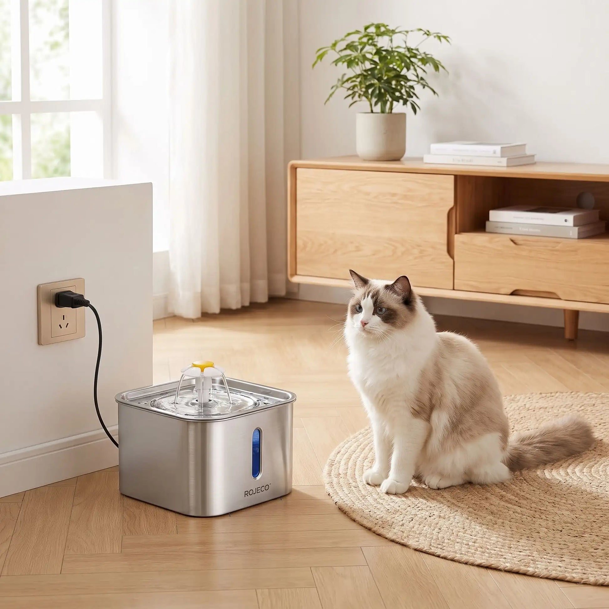 Fontaine à eau chat filaire USB branchée sur secteur — utilisation quotidienne