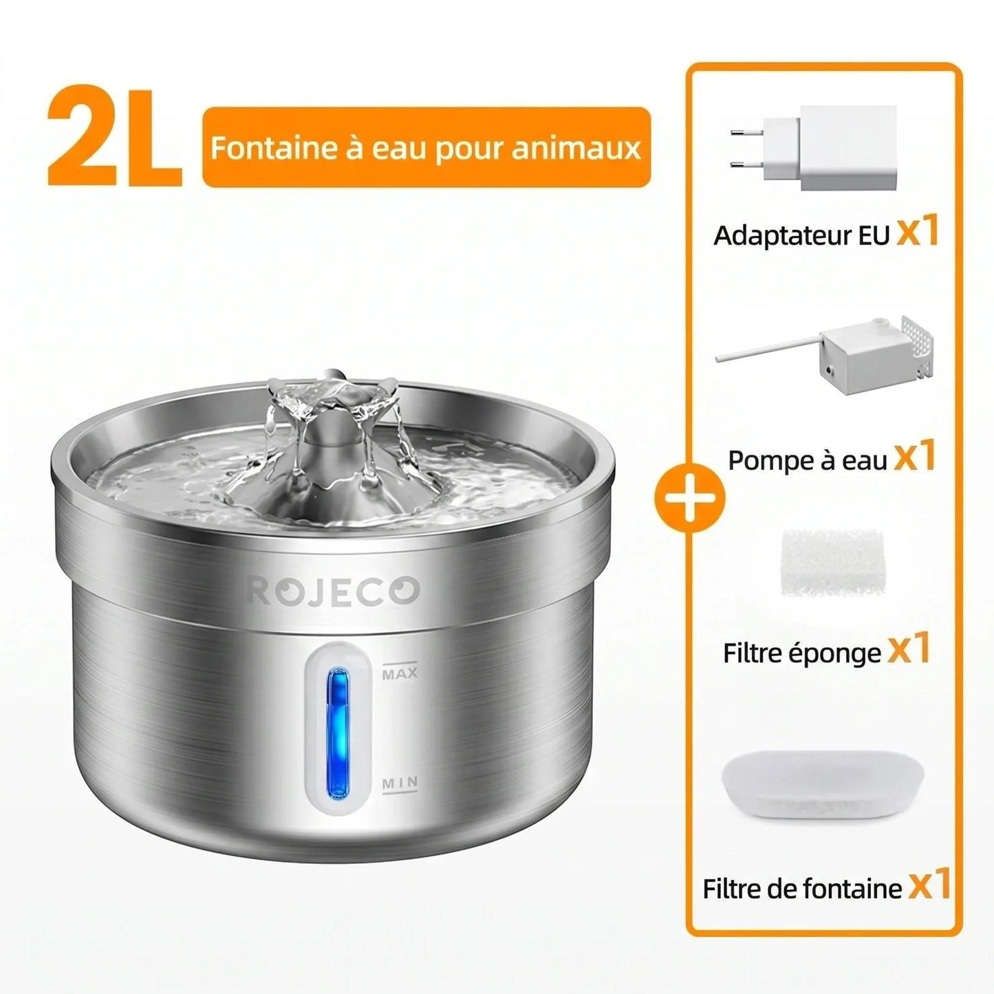 Fontaine à eau chat inox avec son emballage — contenu du colis complet