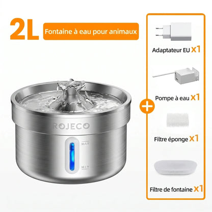 Fontaine à eau chat inox avec son emballage — contenu du colis complet