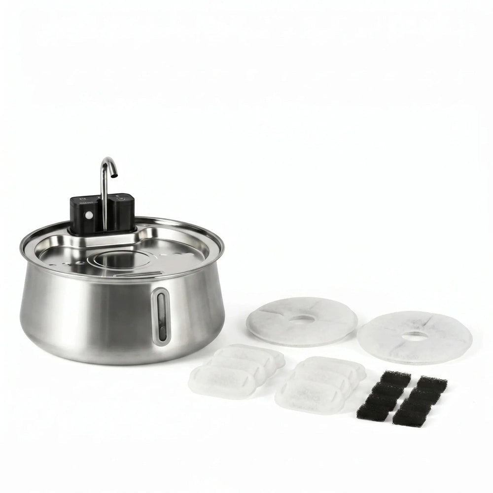 Fontaine à eau inox pour chat avec pièces de filtre et disques blancs de rechange