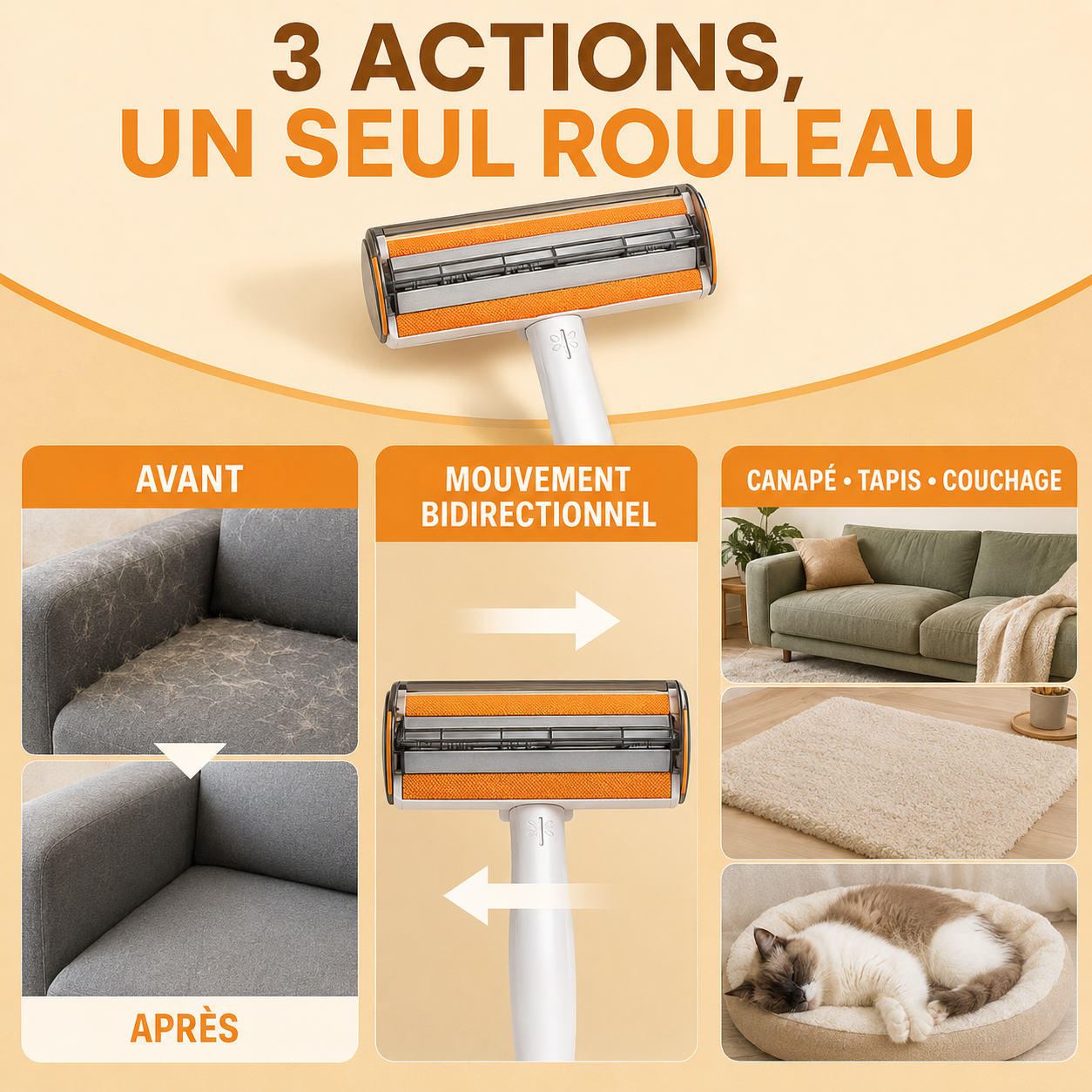 Rouleau ramasse-poils 3 en 1 – ramasse, collecte et range les poils de chat, canapé et vêtements
