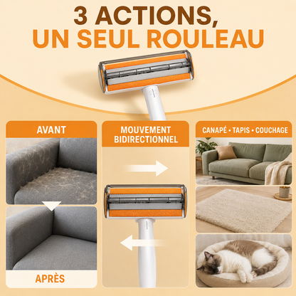 Rouleau ramasse-poils 3 en 1 – ramasse, collecte et range les poils de chat, canapé et vêtements
