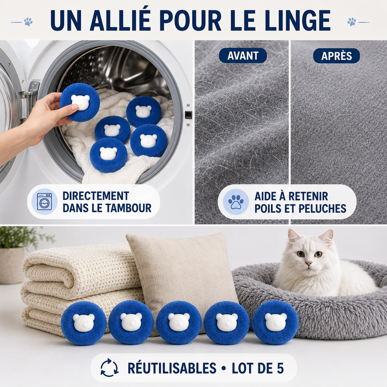 Balles attrape-poils panda bleues dans le lave-linge — avant/après sur le linge — lot de 5 réutilisables