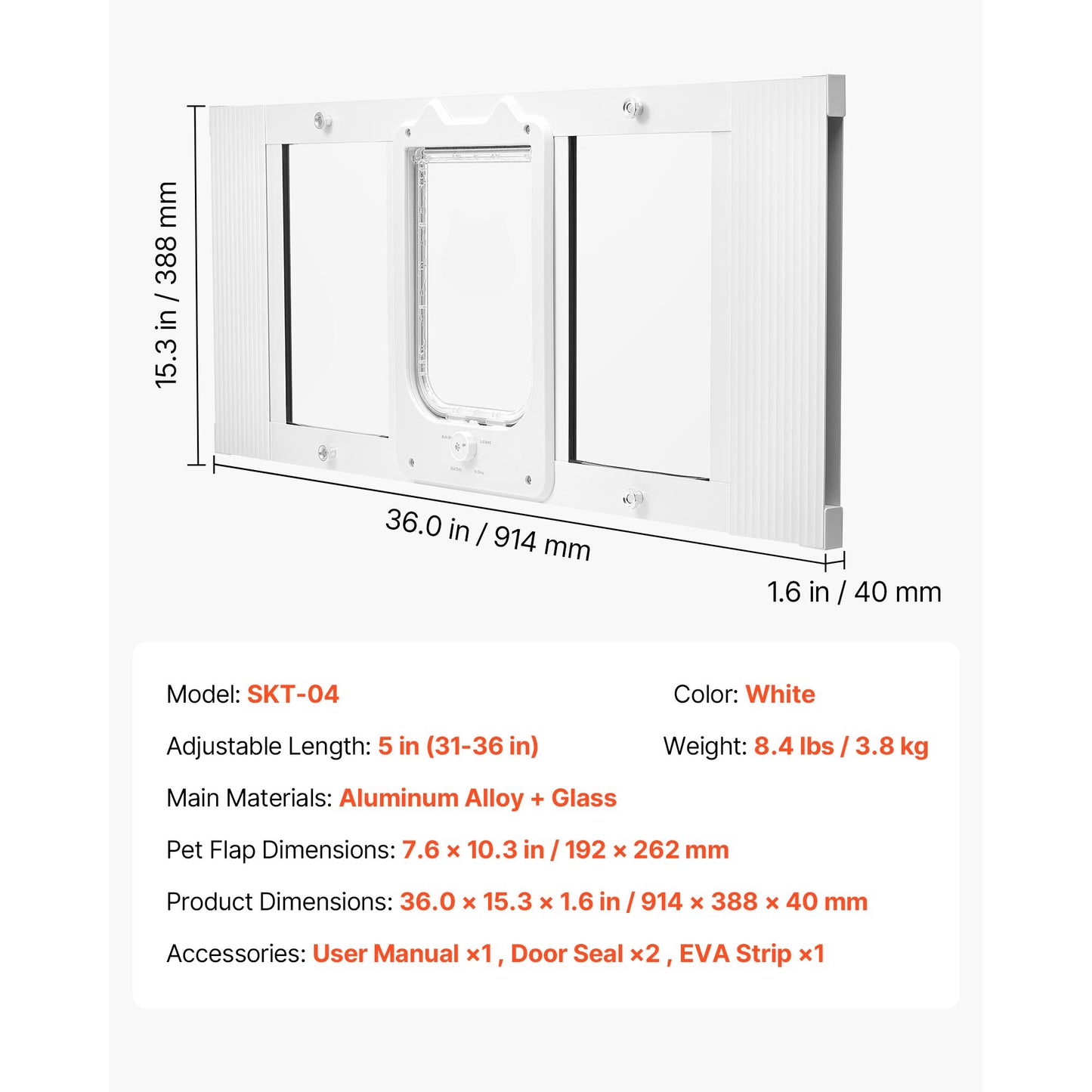 Chatière pour fenêtre réglable, dimensions du produit et de l’ouverture indiquées