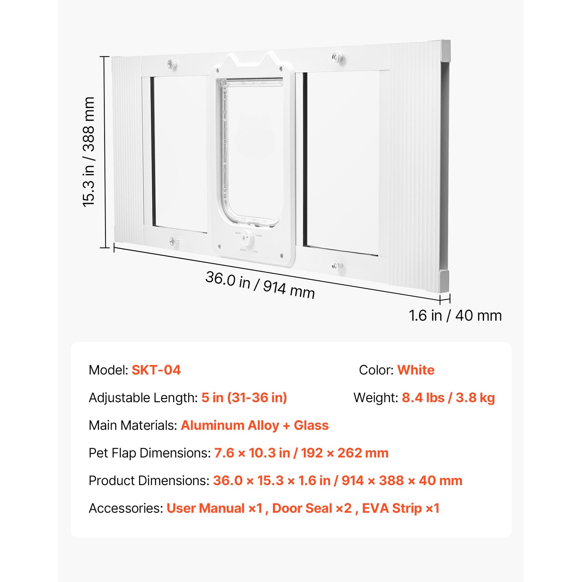 Chatière pour fenêtre réglable, dimensions du produit et de l’ouverture indiquées
