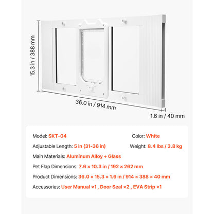 Chatière pour fenêtre réglable, dimensions du produit et de l’ouverture indiquées