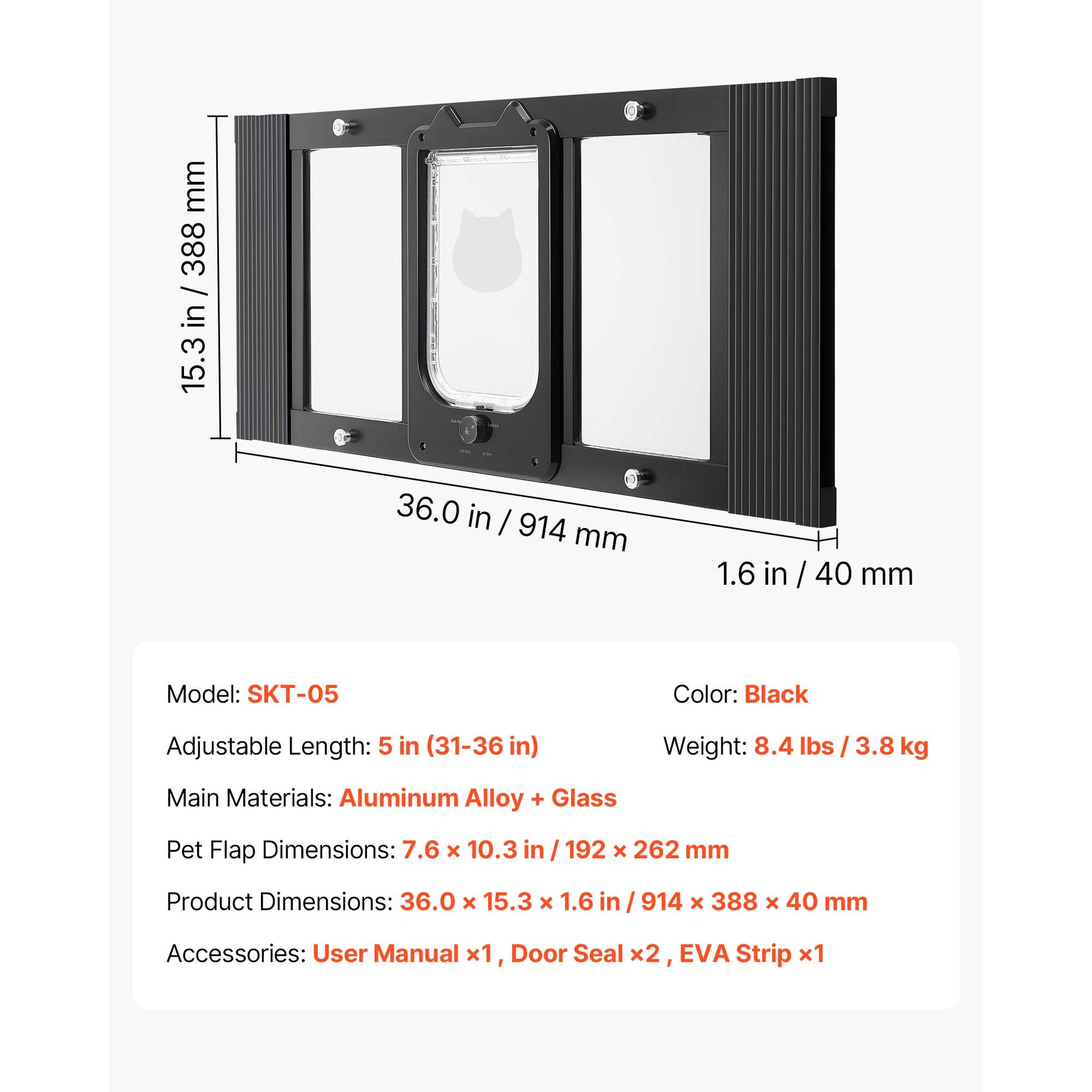 Chatière pour fenêtre en aluminium noir avec volet rectangulaire en verre