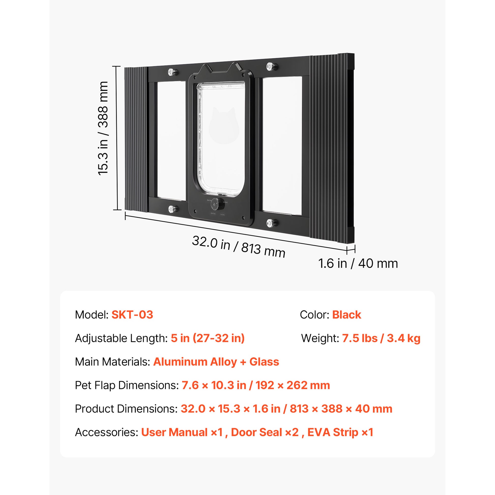 Chatière pour fenêtre aluminium noire, cadre rectangulaire avec ouverture vitrée