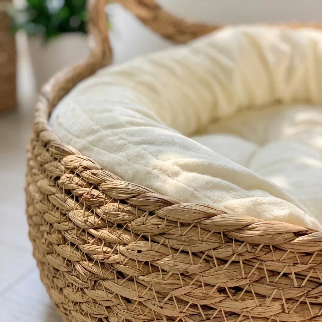 Gros plan du tressage en rotin naturel et coussin doux du panier pour chat